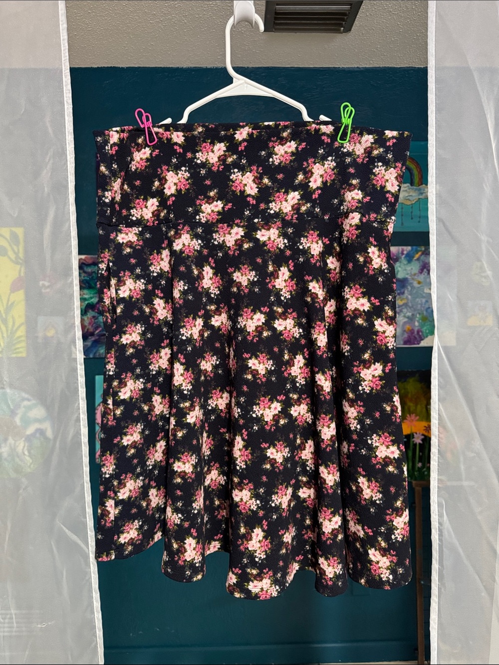 Floral A-Line Midi Skirt - Black with Pink Floral Print